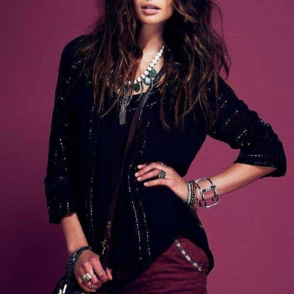 Free People Tops - Free people Small Oversized Bohemian Metallic Beaded  Black Embroidered Blouse
